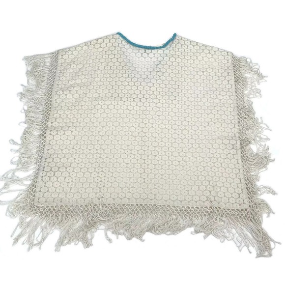 Alberto Makali Poncho Cape Womens Medium Ivory Cotton Fringe Lace Beaded V-Neck - Picture 2 of 8